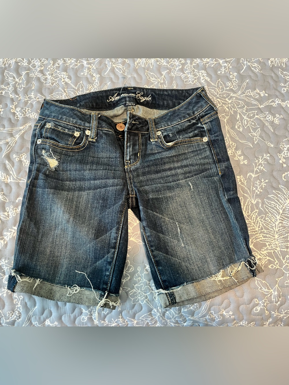 American Eagle Outfitters Dark Blue Denim Shorts with Tan Patch